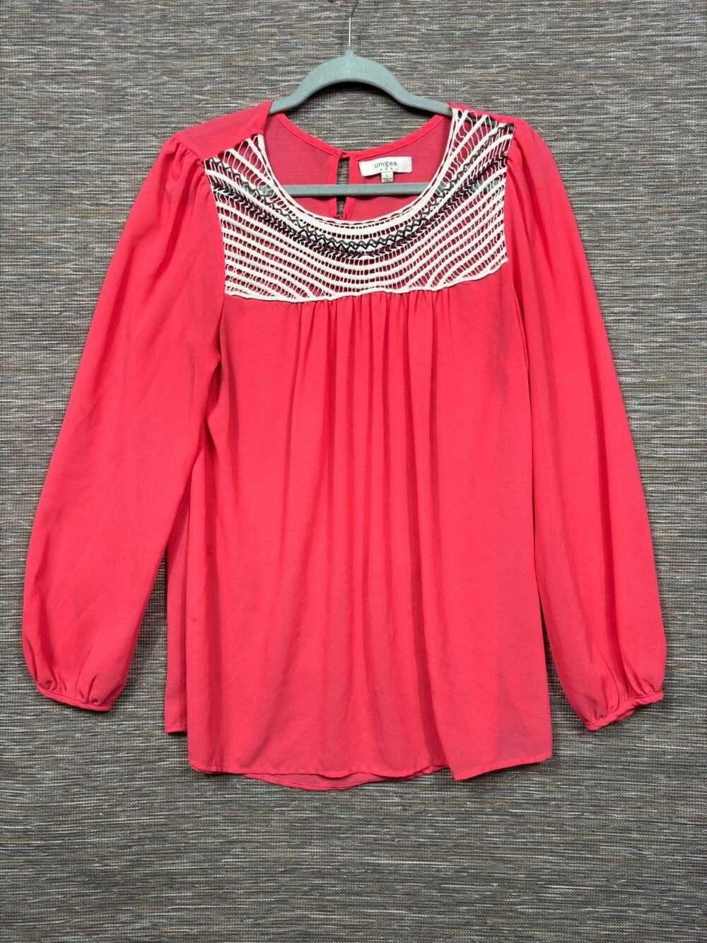 Umgee Blouse Womens Size L Coral Chiffon Lace Accented Neck Long Sleeve Boho